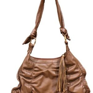 Carmel Leather Slouchy Shoulder Bag with Tassel Rhinestone & Gold hardware